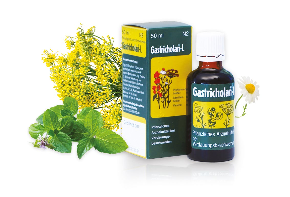 Gastricholan®-L Faltschachtel und Flasche mit Fenchel, Pfefferminze und Kamille